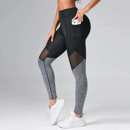 Damen Nahtlose Mesh Leggings - Hohe Taille Push-Up Yogahosen mit Seitentasche