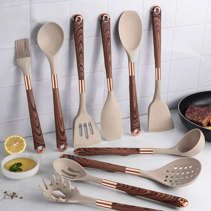 Silikraft Kochgeschirr-Set – Hitzebeständiges Silikon mit Holzgriffen für einfache und stilvolle Küche