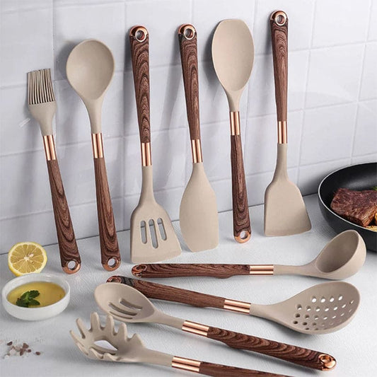 Silikraft Kochgeschirr-Set – Hitzebeständiges Silikon mit Holzgriffen für einfache und stilvolle Küche