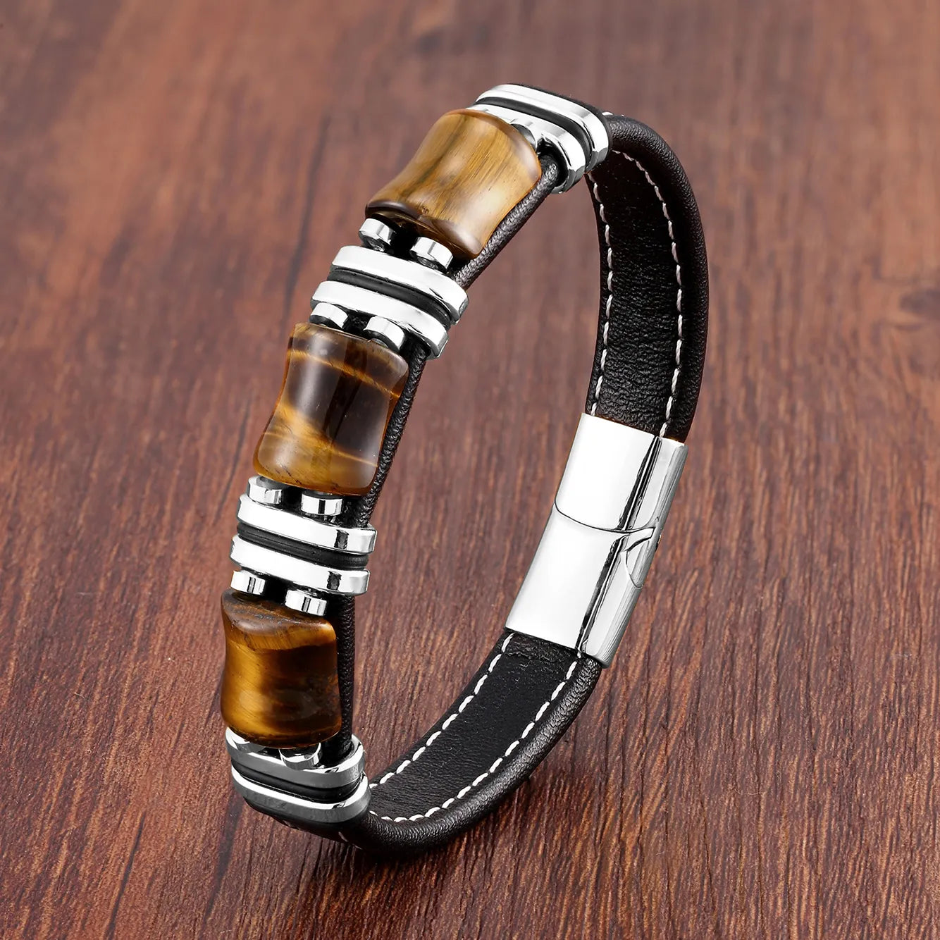 Elegantes Tigerauge Naturstein-Lederarmband – Zeitlose Stärke und Stil